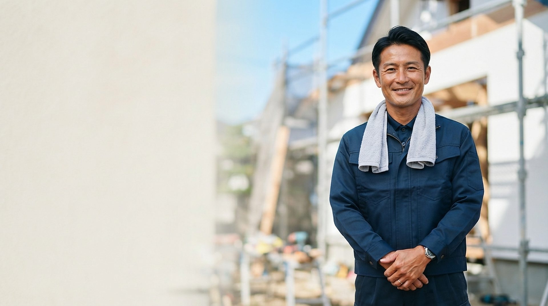 紺の作業着で首にタオルをかけ、リフォームの現場の前に立つ職人