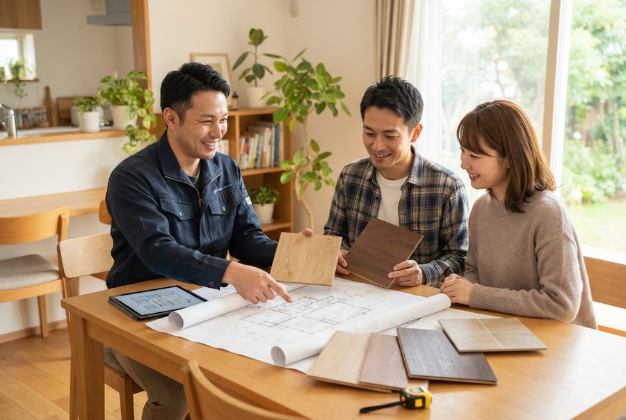 ダイニングテーブルで、職人が夫婦に図面と床材の見本を見せている様子